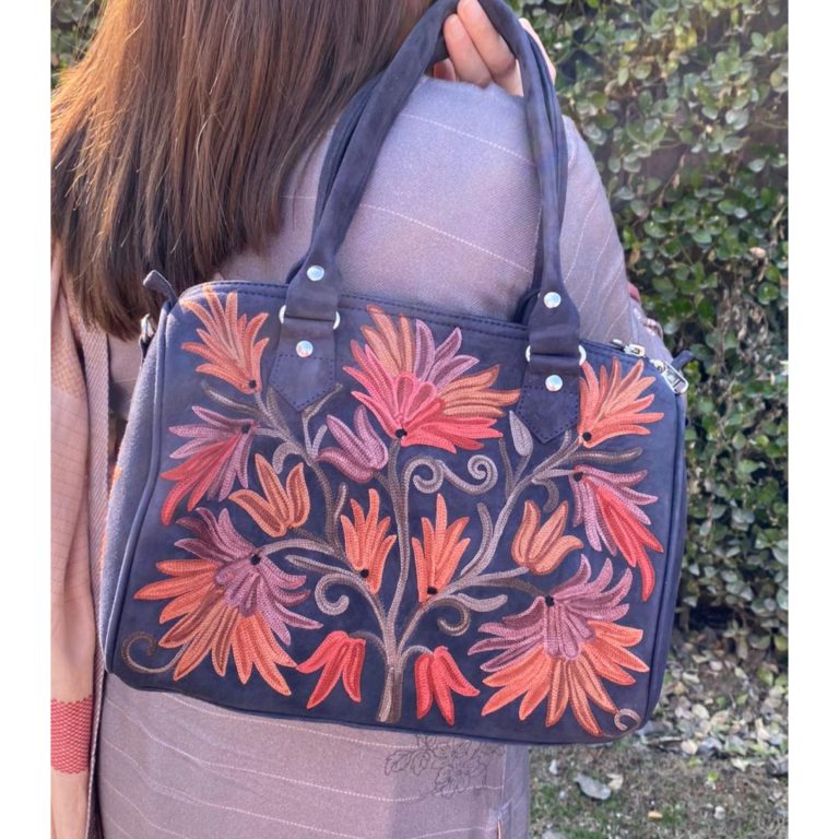 Suede Handbag Cum Sling With Crewel Embroidery - Image 2