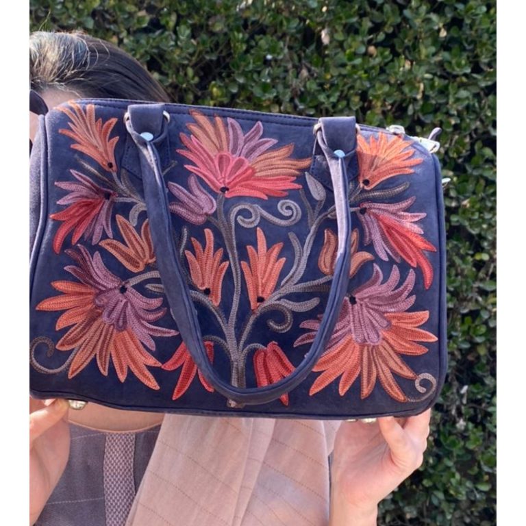 Suede Handbag Cum Sling With Crewel Embroidery