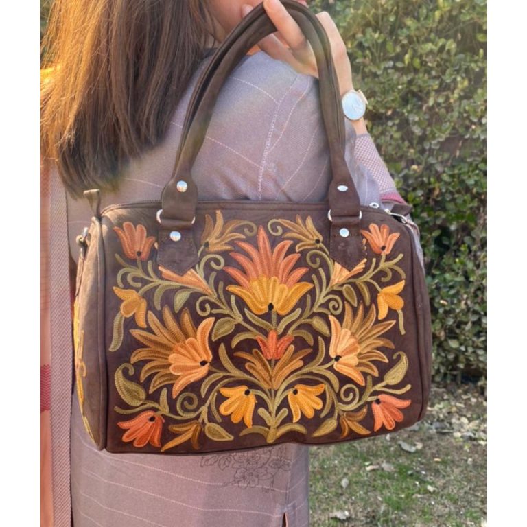 Suede Handbag Cum Sling With Crewel Embroidery - Image 2