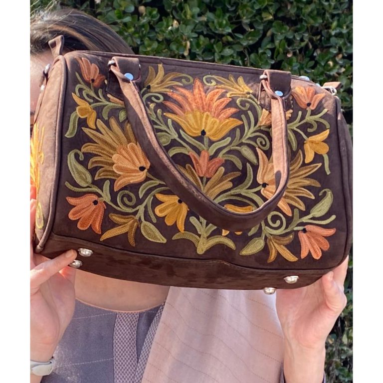 Suede Handbag Cum Sling With Crewel Embroidery - Image 3