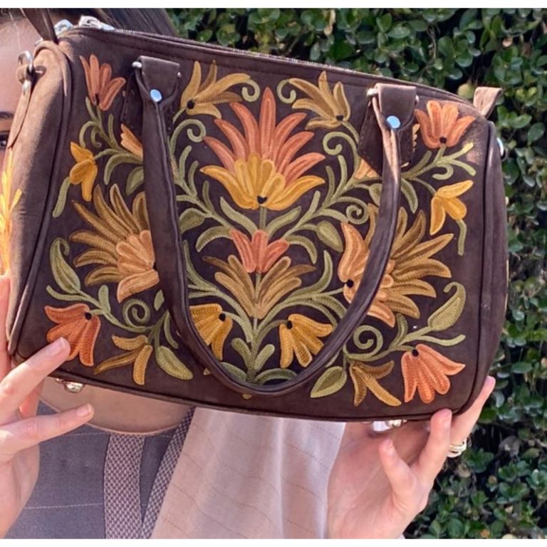 Suede Handbag Cum Sling With Crewel Embroidery