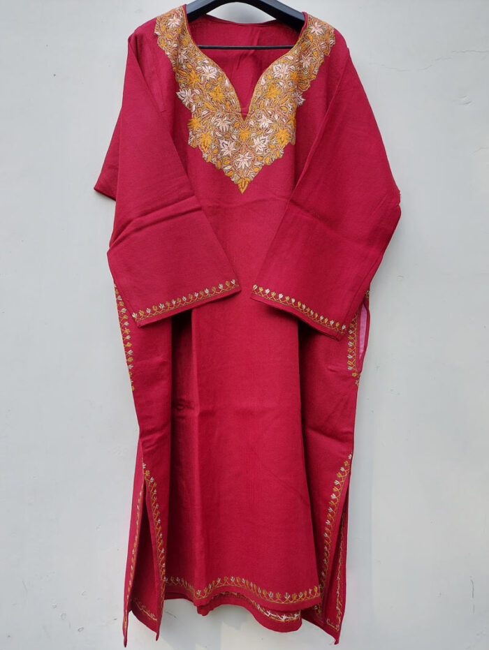 Maroon Pure Raffal Pheran With Hand Sozni Embroidery