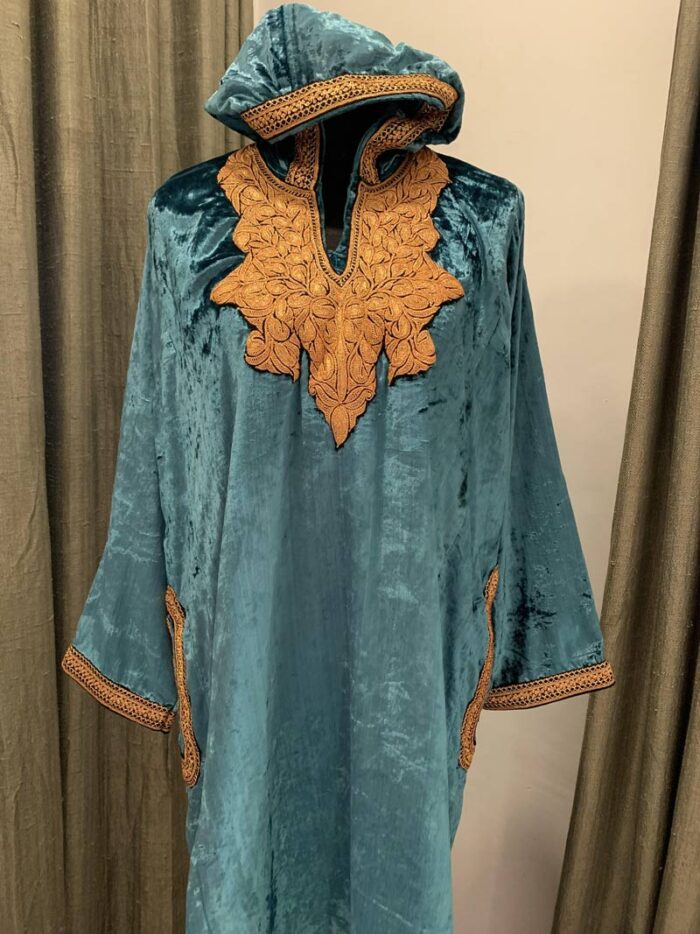 Teal Color Velvet Pheran With Kashmiri Hand Tilla Work