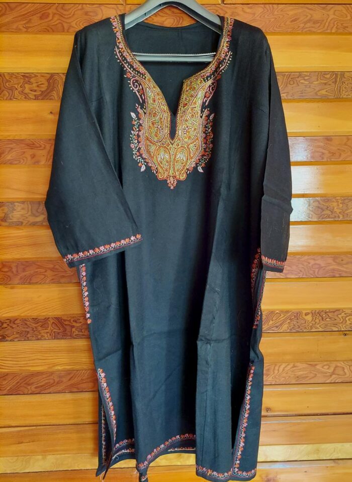 Black Pure Raffal Pheran With Hand Sozni Embroidery