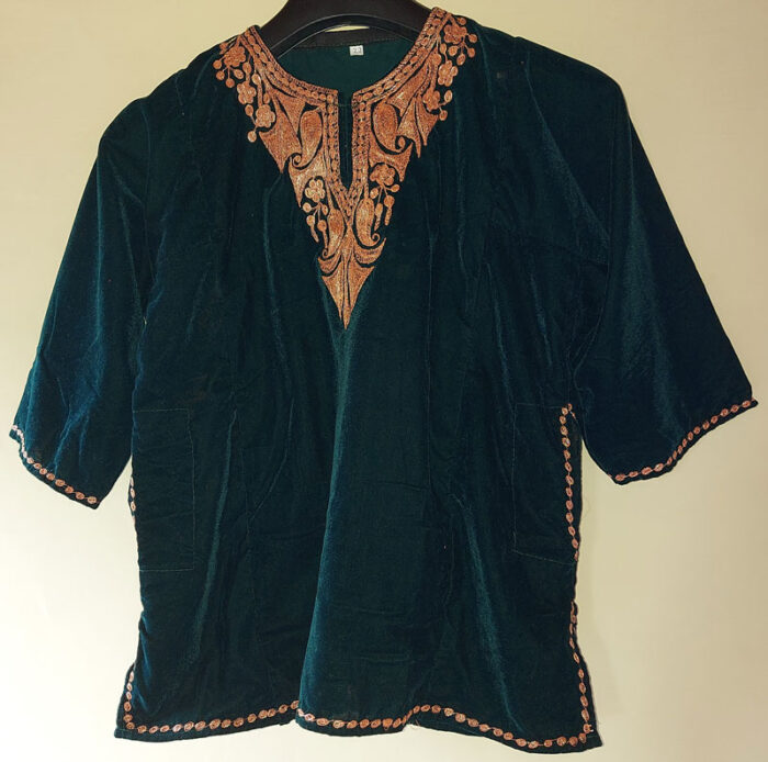 Kids Bottle Green Velvet Pheran with Tilla Work (Length 22 inch)