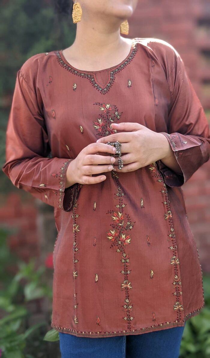 Brown Hand Embroidered Pure Kashmiri Silk Kurti