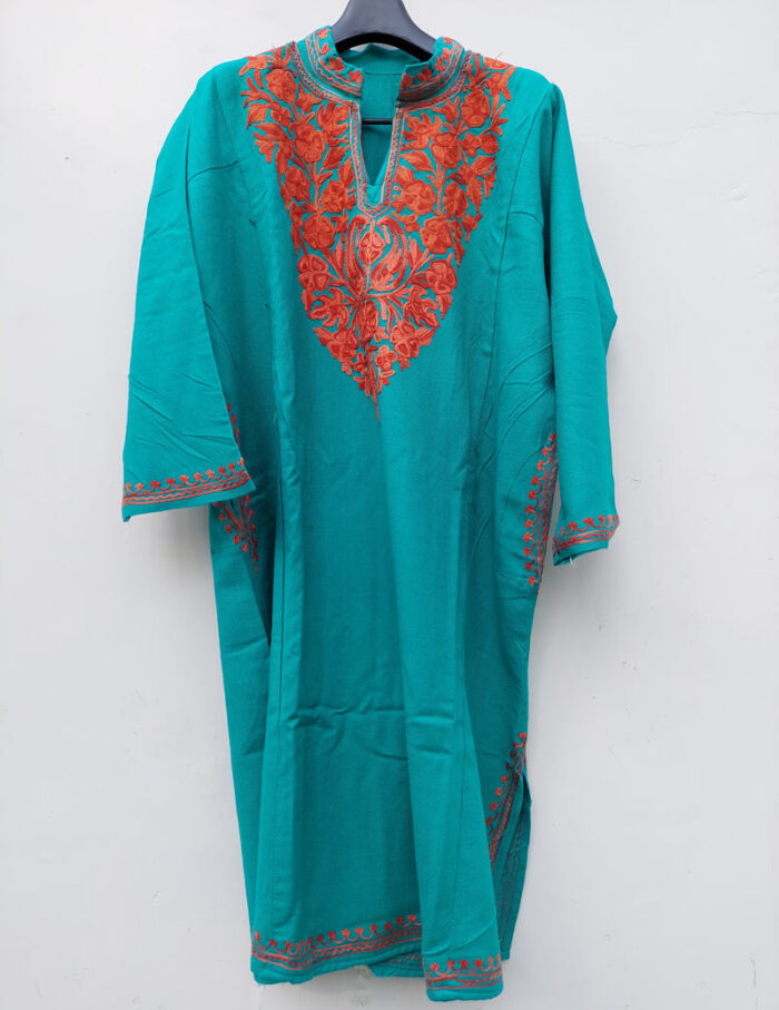 Green Aari Cashmilon Pheran With Brown Aari Work