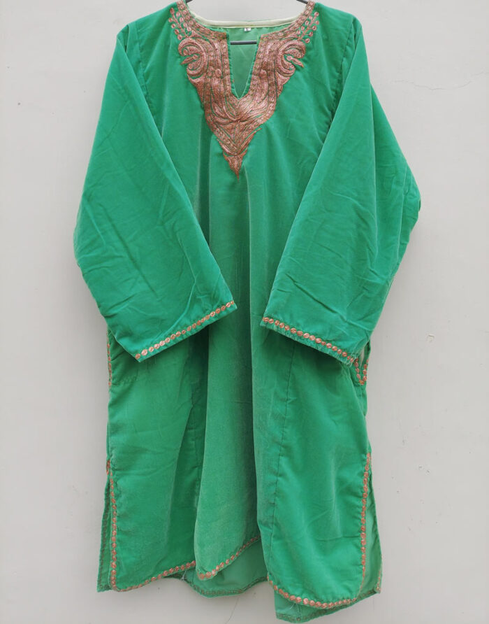 Green Velvet Pheran with Tilla Work ( Length 36 )