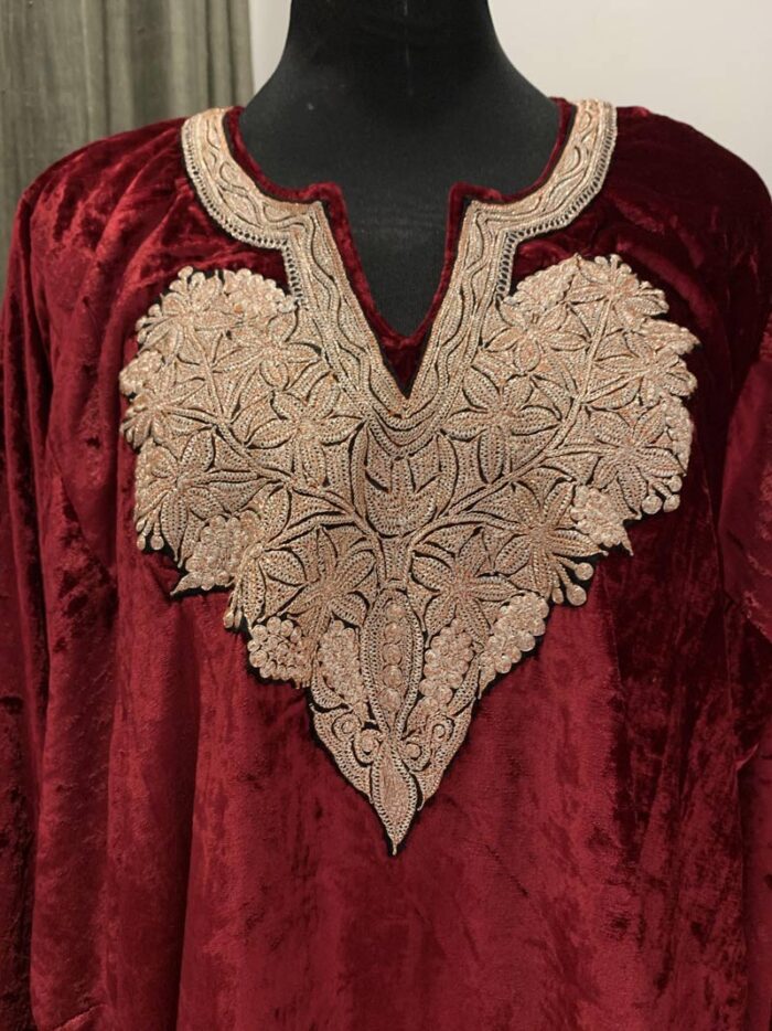 Ruby Red Velvet Pheran With Kashmiri Hand Tilla Work - Image 2