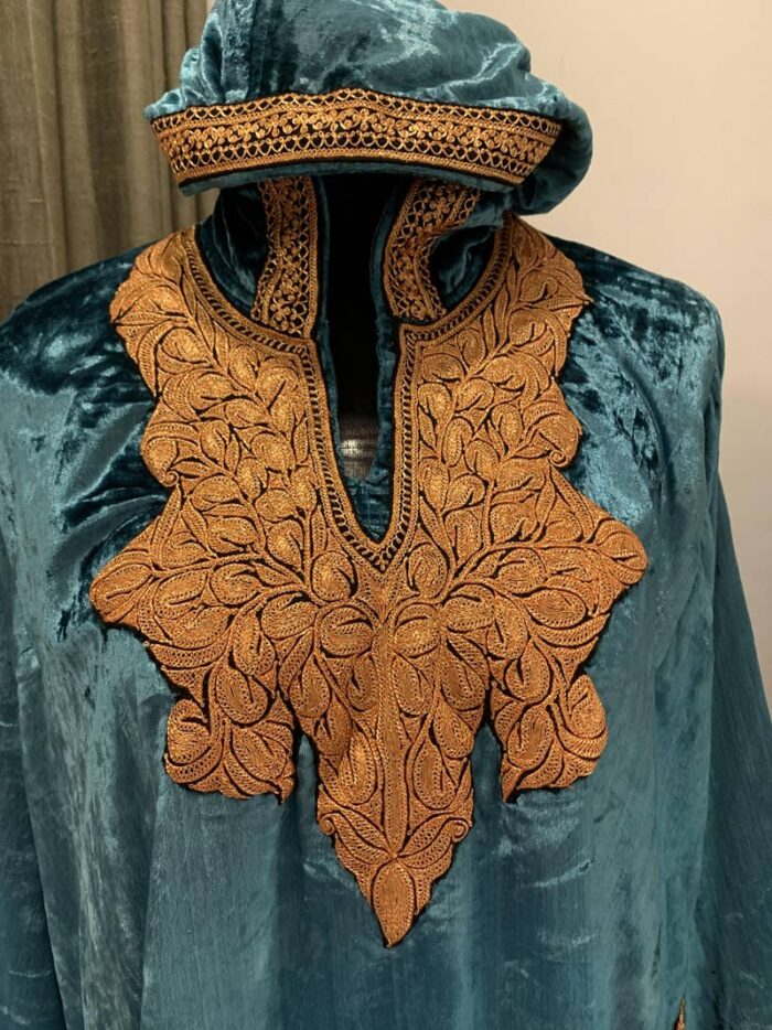 Teal Color Velvet Pheran With Kashmiri Hand Tilla Work - Image 4