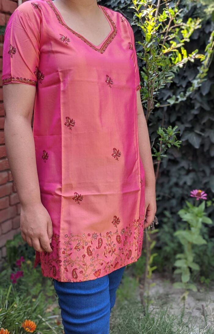 Pink Hand Embroidered Pure Kashmiri Short Silk Kurti - Image 2