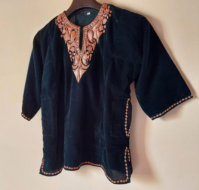 Kids Bottle Green Velvet Pheran with Tilla Work (Length 22 inch) - Image 2