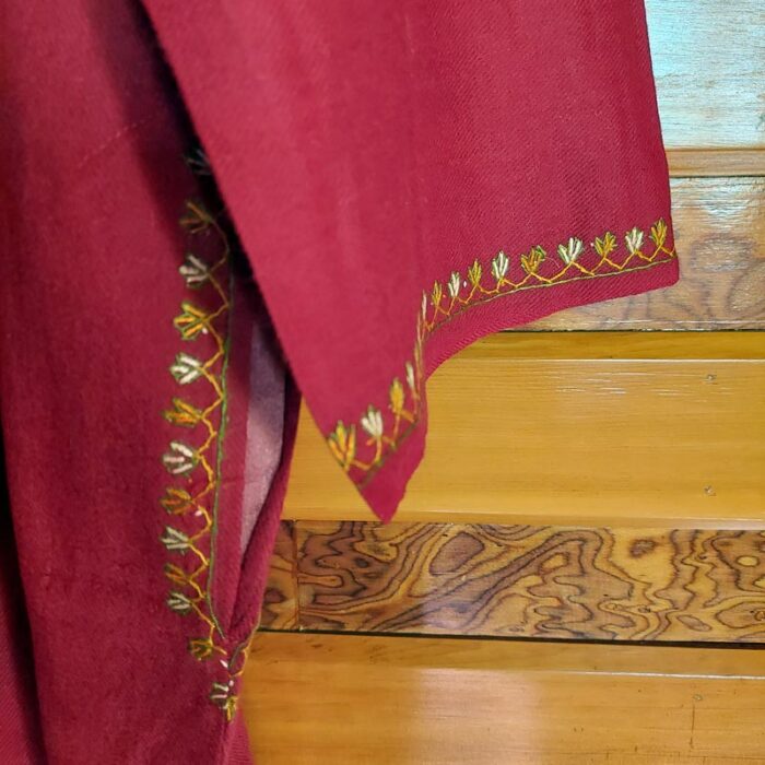 Maroon Pure Raffal Pheran With Hand Sozni Embroidery - Image 3