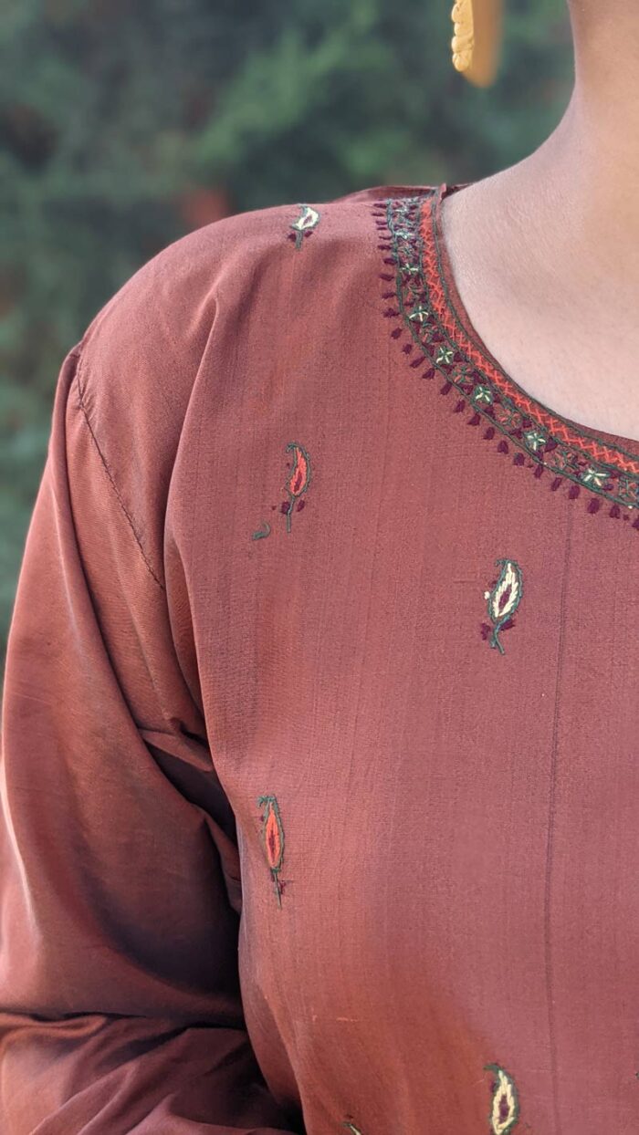 Brown Hand Embroidered Pure Kashmiri Silk Kurti - Image 2