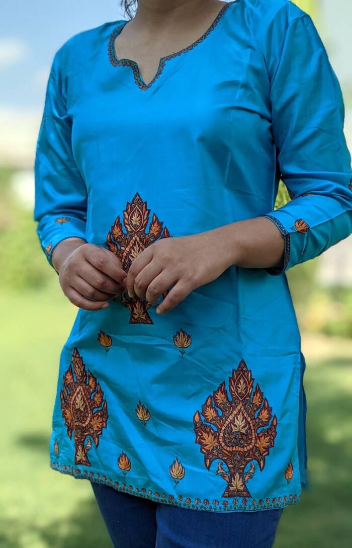 Ferozi Hand Embroidered Pure Kashmiri Silk Kurti
