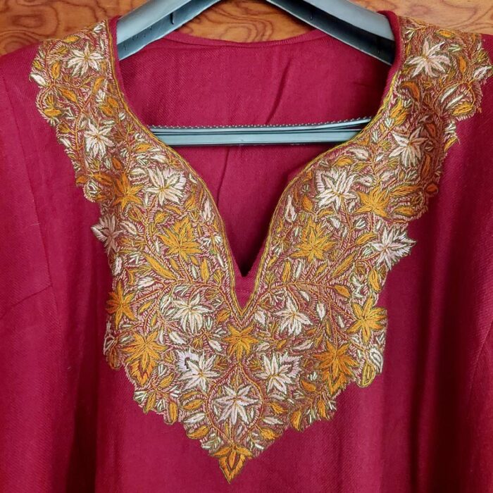 Maroon Pure Raffal Pheran With Hand Sozni Embroidery - Image 2