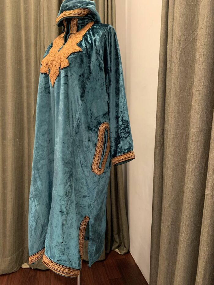 Teal Color Velvet Pheran With Kashmiri Hand Tilla Work - Image 3