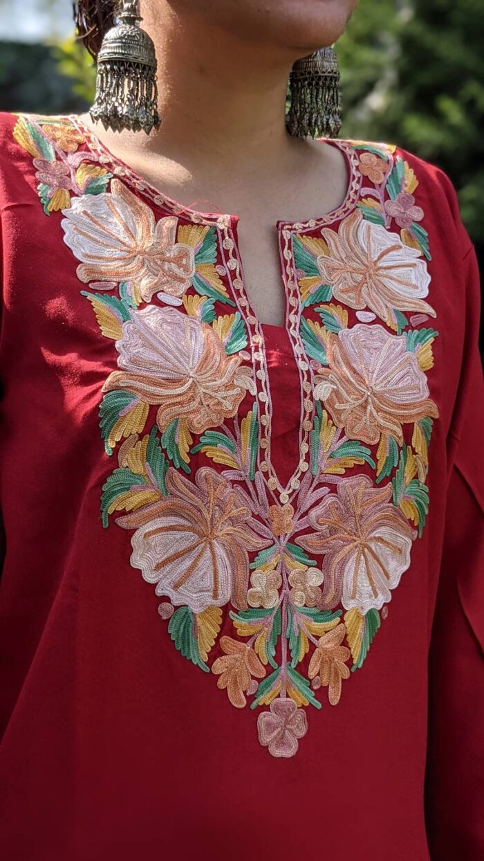 Maroon Summer Cool Kashmiri Aari Work Kurta - Image 2