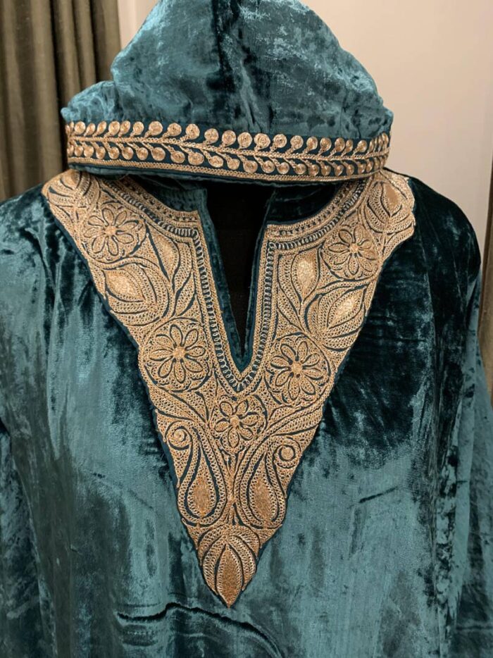 Teal Velvet Pheran With Kashmiri Hand Tilla Work - Image 2