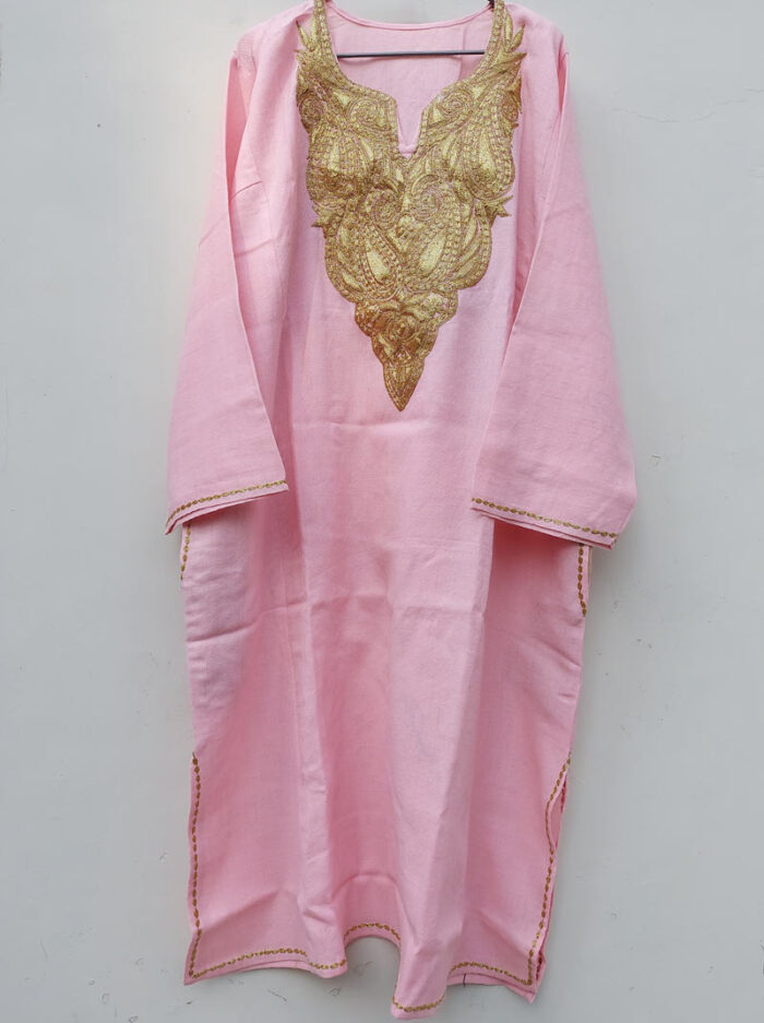 Light Pink Pure Raffal Pheran With Tilla Embroidery