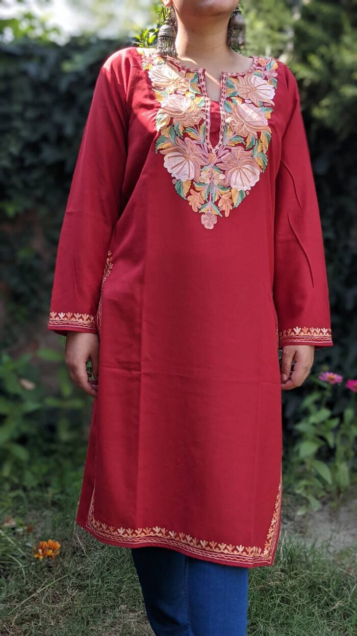 Maroon Summer Cool Kashmiri Aari Work Kurta