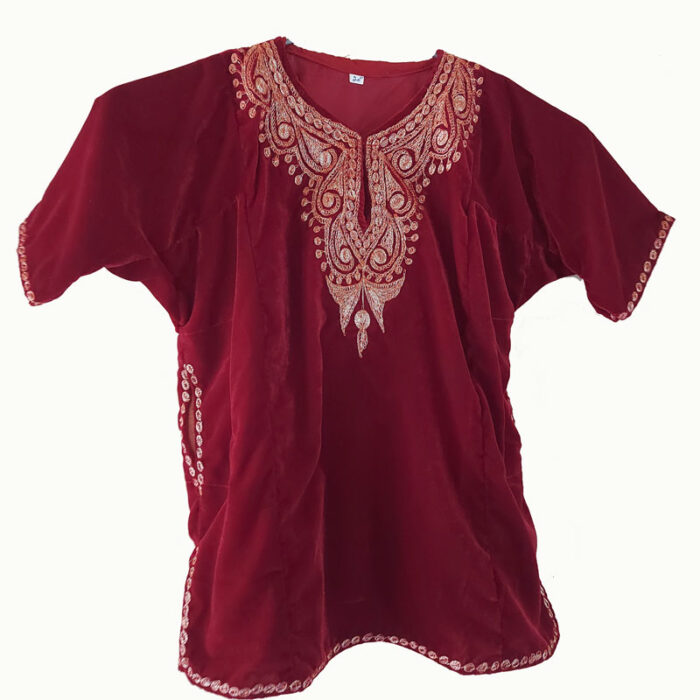 Kids Maroon Velvet Pheran with Bronze Tilla Work (Length 20 inch)
