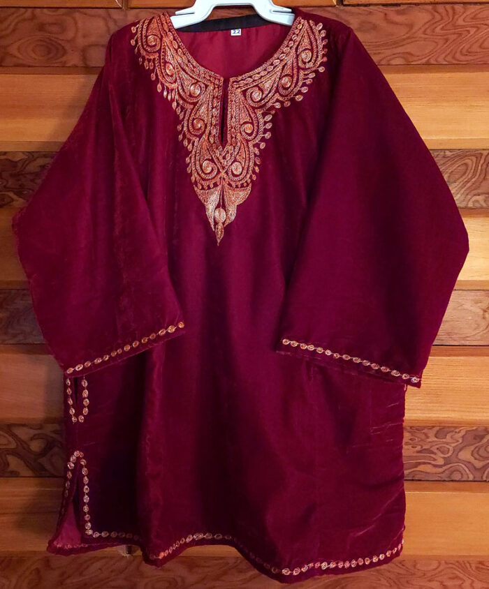 Kids Maroon Velvet Pheran with  Golden Tilla Work