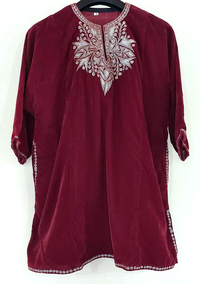 Kids Maroon Velvet Pheran with Tilla Work