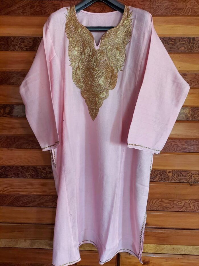 Light Pink Pure Raffal Pheran With Tilla Embroidery - Image 3