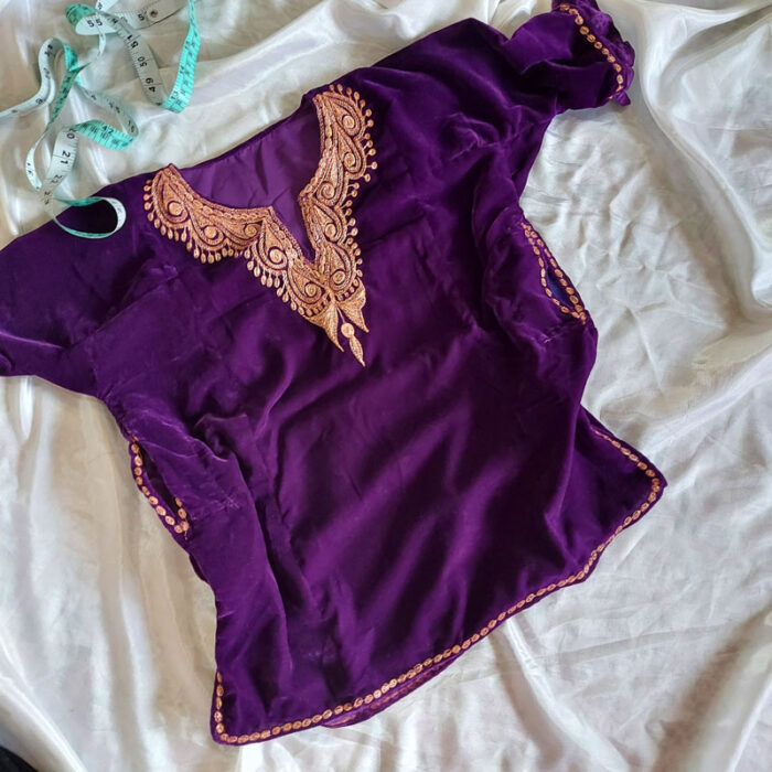 Kids Purple Velvet Pheran with Golden Tilla (Length 20 inch)