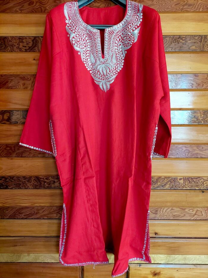 Red Pure Raffal Pheran With Silver Tilla Embroidery - Image 3