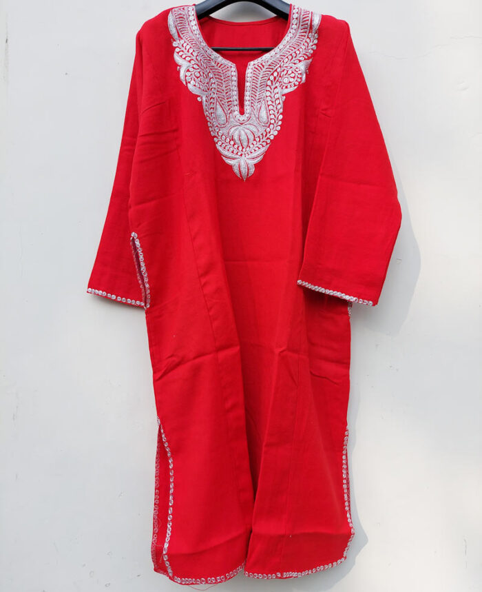 Red Pure Raffal Pheran With Silver Tilla Embroidery