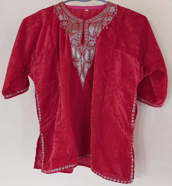 Kids Red Velvet Pheran with Tilla Work