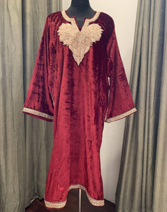 Ruby Red Velvet Pheran With Kashmiri Hand Tilla Work