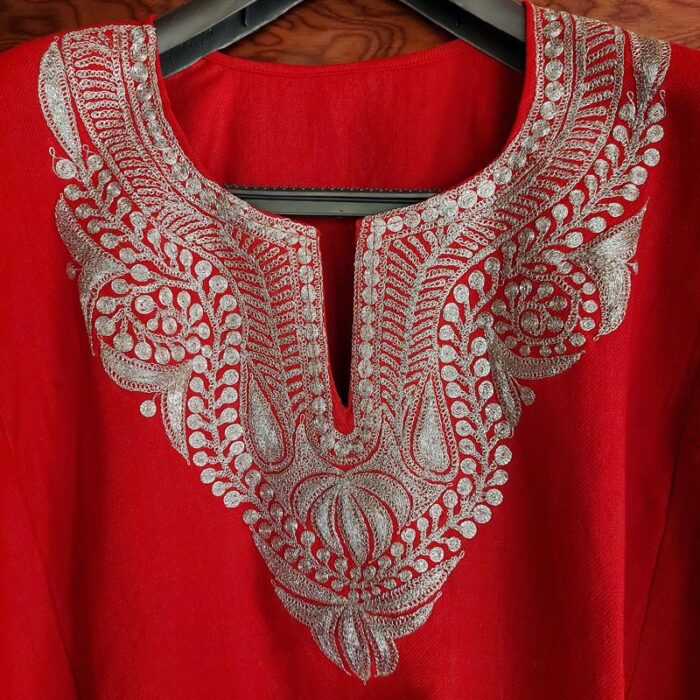 Red Pure Raffal Pheran With Silver Tilla Embroidery - Image 2