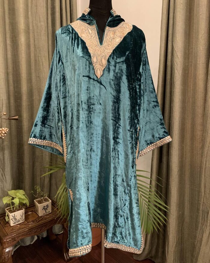Teal Velvet Pheran With Kashmiri Hand Tilla Work