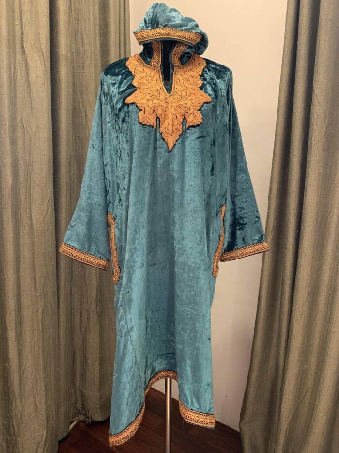Teal Color Velvet Pheran With Kashmiri Hand Tilla Work - Image 2