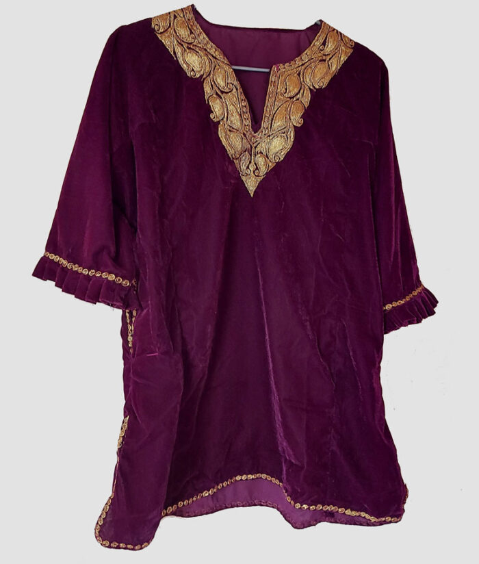 Kids Tyrian Purple Velvet Pheran with Bright Golden Tilla (Length 28 inch)