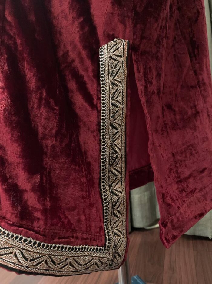 Ruby Red Velvet Pheran With Kashmiri Hand Tilla Work - Image 3