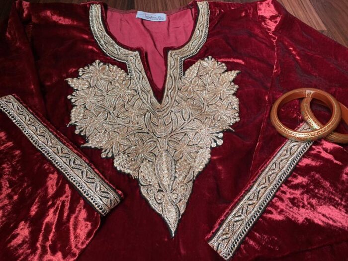 Ruby Red Velvet Pheran With Kashmiri Hand Tilla Work - Image 4