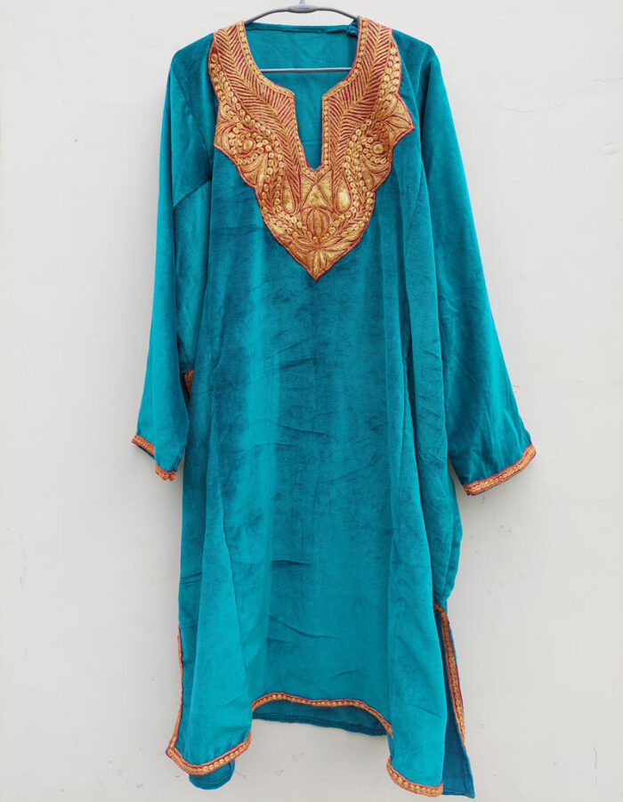 Aqua Blue Italian Velvet Pheran with Tilla Work