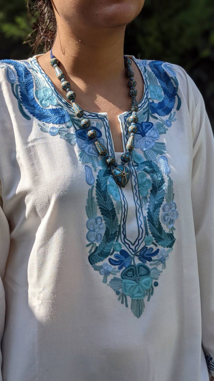White Summer Cool Kashmiri Aari Work Kurta - Image 2