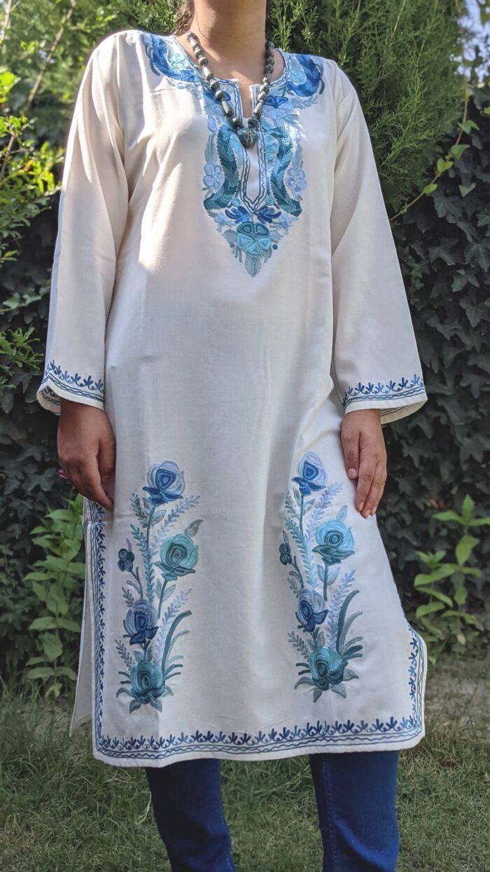 White Summer Cool Kashmiri Aari Work Kurta
