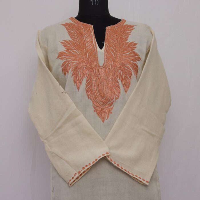 White Pure Raffal Pheran With Tilla Embroidery
