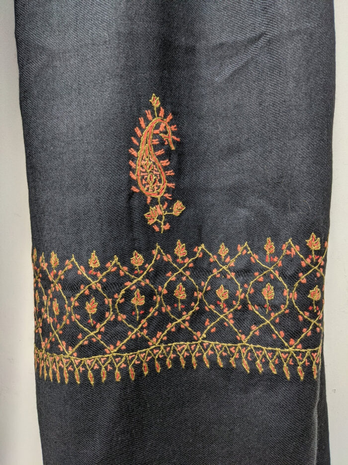 Black Polywool Stole With Hand Sozni Work - Image 2