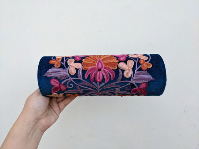 Indigo Blue Cylindrical Shaped Clutch with Aari Embroidery - Image 2