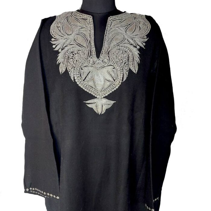 Black Pure Raffal Pheran With Silver Tilla Embroidery