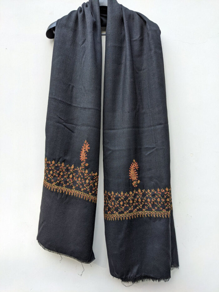Black Polywool Stole With Hand Sozni Work