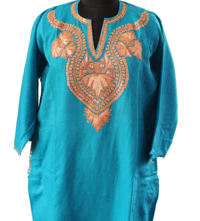 Blue Pure Raffal Pheran With Tilla Embroidery