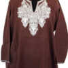 Brown Pure Raffal Pheran With Silver Tilla Embroidery